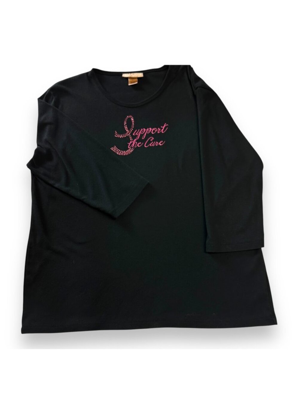 Support The Cure Embellished Black 3/4 Sleeve Shirt X-Large By M&E Sportswear